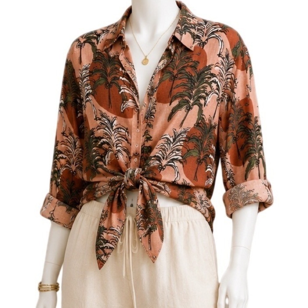 NICOLE MILLER NEW YORK 100% Linen EU Flax Palm Tree Shirt Blouse | Women's L